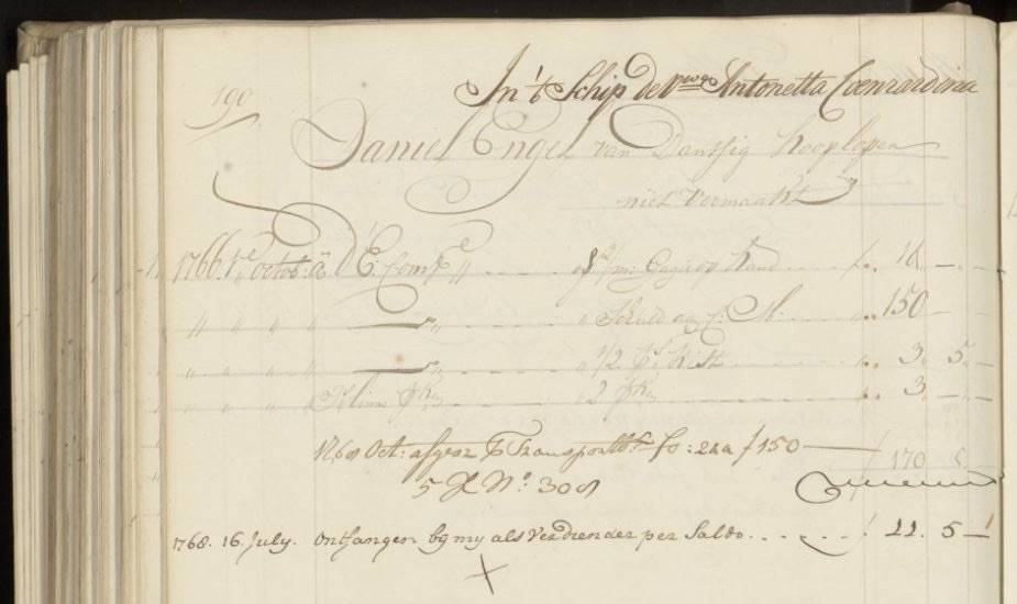 Entry Daniel Engel in VOC pay ledger (1766)