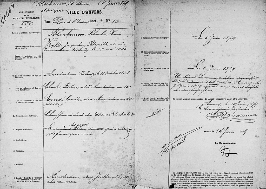 Foreigner file of Carel Bloebaum from Amsterdam (1879). Image: Felixarchief-City Archives of Antwerp, Vreemdelingendossiers, no. 40605. 