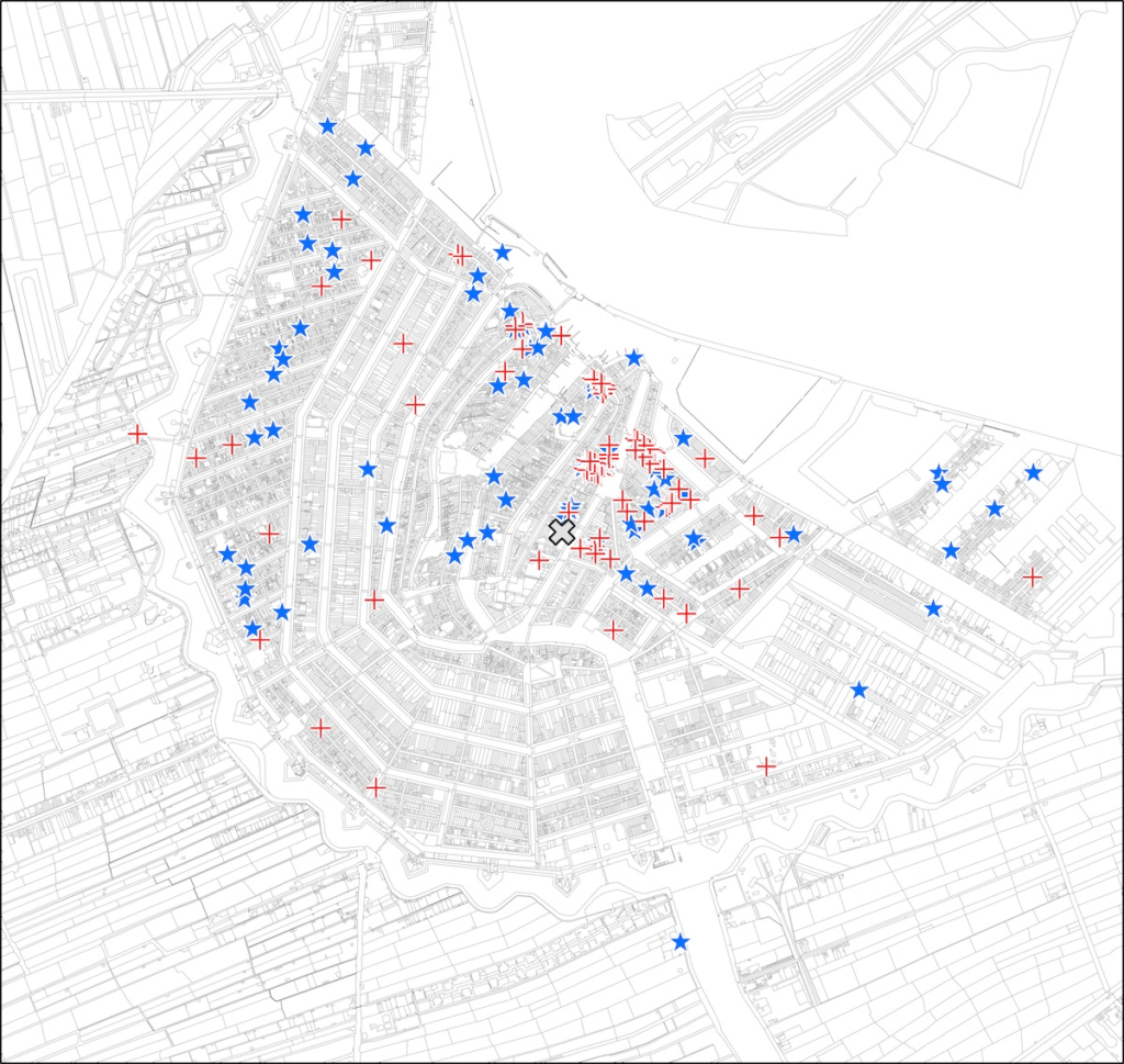 Map of Amsterdam, again showing the addresses of 197 crew members of the VOC ships Alkemade, Mentor and Vrijheid, shortly before departure in November 1775. The men whose addresses are marked with a red cross died during their period of service. The blue stars represent crew members who returned to the Dutch Republic or left service in Asia. 
Source: Jelle van Lottum and Lodewijk Petram, In de schaduw van de stad (Amsterdam: Ambo|Anthos 2023).